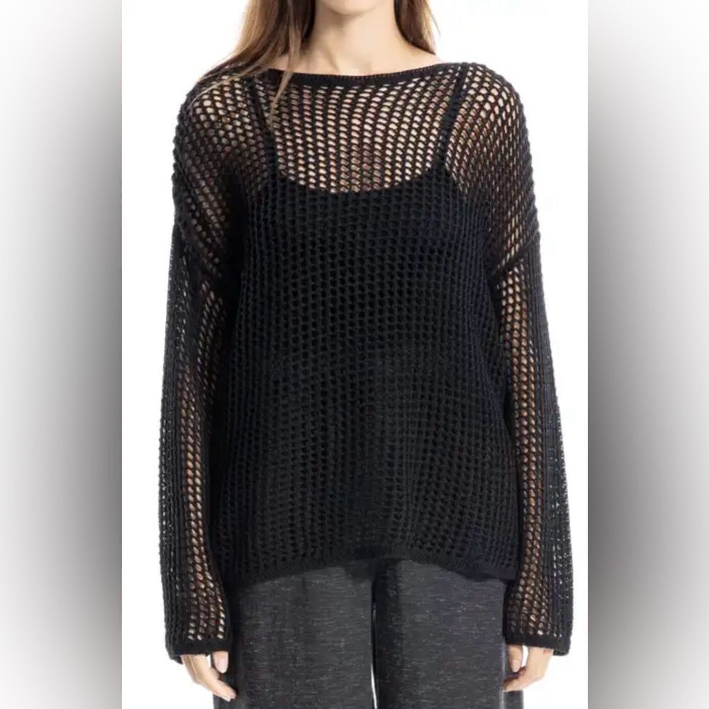 Beau Jours Linen Black Open Knit Crew Neck Long Sleeve Sweater Size 1X